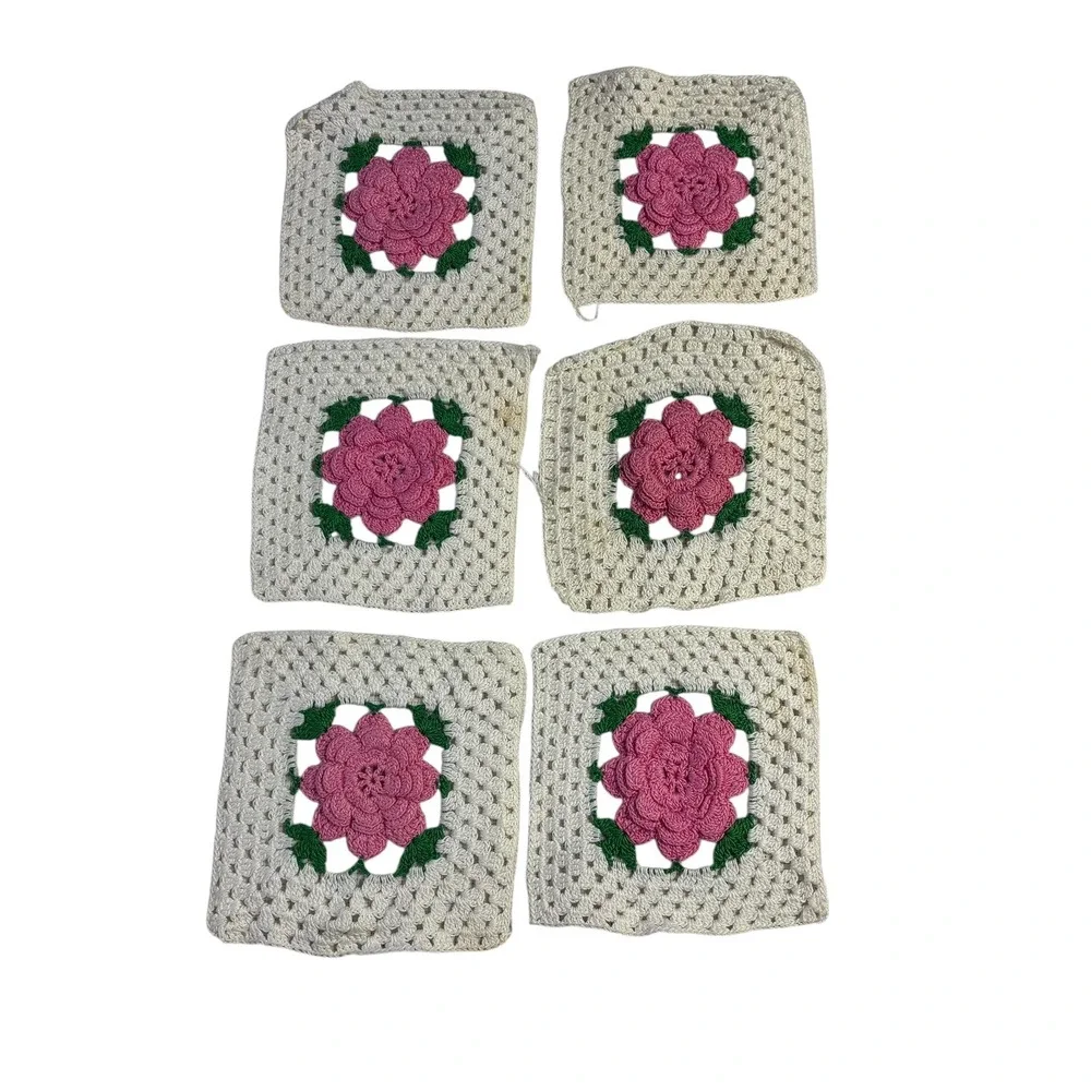 Set of 12 Crochet Granny Squares Floral Pink Rose White Cream Handmade Crafting‎